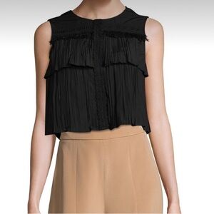 SALONI Cleo Fringe-Trimmed Pleated Sleeveless Poplin Button Down Top Black Sz 10